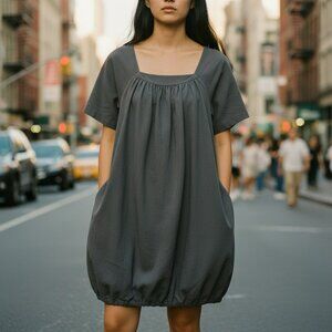 Yigal Azrouël Dress XS/2 Gray Shift Square Neck Pockets Bubble Hem Minimal